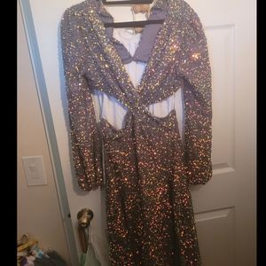 Luxxel sequin cutout maxi dress in silver size large